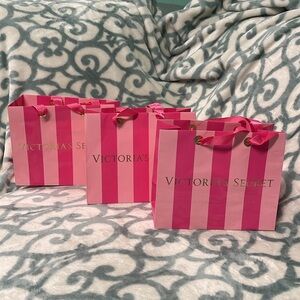 3 VICTORIA’S SECRET SMALL PINK STRIPE GLOSSY SHOPPING BAGS WITH GOLD LETTERING